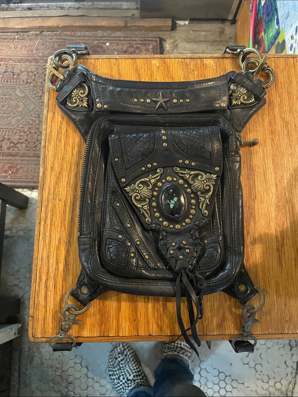 Black Embellished Leather Crossbody Bag with Turquoise Accent